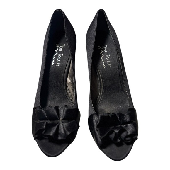 Touch of Nina Black Satin Heels Open Toe with Ruffle Size 7.5 Peep Toe Stiletto - Picture 3 of 13